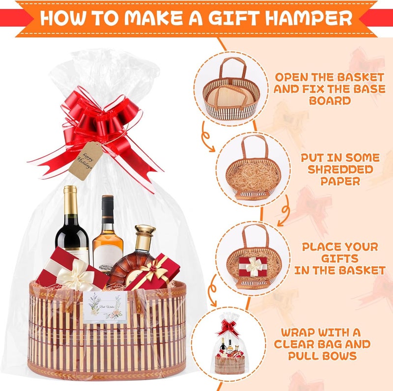 SelfTek 3 Pack Baskets for Gifts Empty, Woven Bamboo G-ift Basket Kit with Wrap Bags, Gift Card, Raffia and Pull Bows, Gifts Baskets for Birthday, Wedding, Christmas 30 x 20 x 15 cm - Image 4